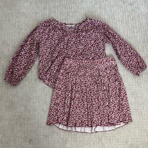 LOFT maroon floral skirt set short sleeve peasent top ruffle elastic burgundy
